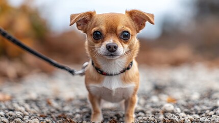 Wall Mural - A small brown and white dog is walking on a leash, outdoors