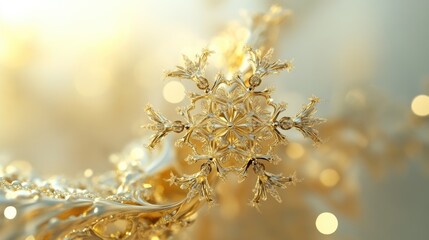 Poster - Golden snowflake with intricate details and soft bokeh background, ideal for winter themes and holiday designs, features ample copy space.