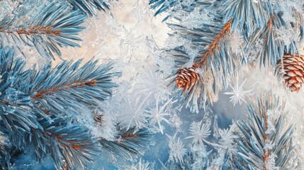 Wall Mural - Snowy pine branches with frosty snowflakes and pine cones in a winter setting with cool tones and Copy Space for text placement