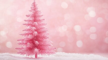 Poster - Pink artificial Christmas tree on snow with a soft pastel background featuring bokeh lights and copy space for text.