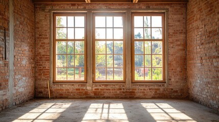 Poster - Interior view of an empty room with large windows showcasing natural light and a brick wall background Copy Space
