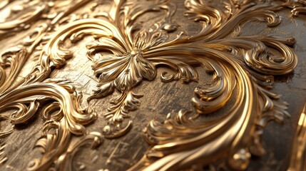 Poster - Ornate golden decorative pattern with intricate swirls and detailing on a textured background Copy Space