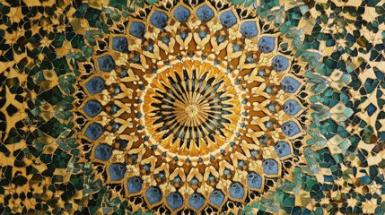 Poster - Intricate geometric mosaic pattern with vibrant colors and detailed design on a surface, featuring a radial arrangement and copy space.
