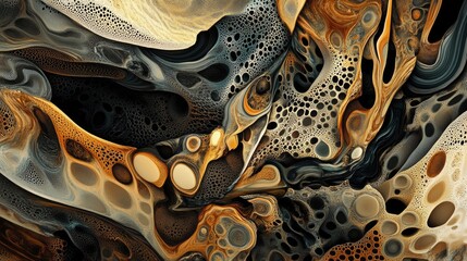 Poster - Abstract fluid art composition featuring swirling patterns of black, gold, and beige tones with intricate details and textures. Copy Space.