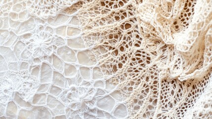 Poster - Detailed close-up of delicate vintage lace fabric textures with intricate patterns and neutral colors. Copy Space available.