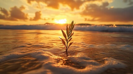 Poster - Sunset over ocean with solitary plant emerging from water creating idyllic natural scene with warm colors and reflections Copy Space
