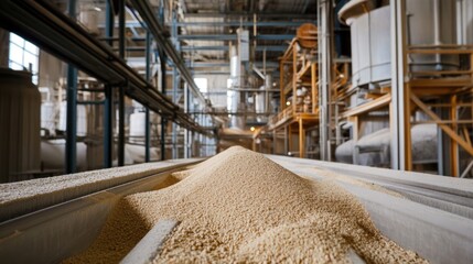 Poster - Industrial facility interior with a focus on a mound of granular material on conveyor belt, machinery in background, Copy Space