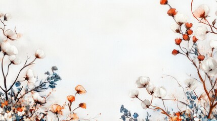 Poster - Floral illustration with cotton plants and delicate branches in soft colors on a light background with ample Copy Space