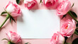 © Hanna - White blank greeting card with pink roses on pink background. Template for a congratulation or ad text, notice or announcement promoting a product, service or event. Mockup design of gift certificate