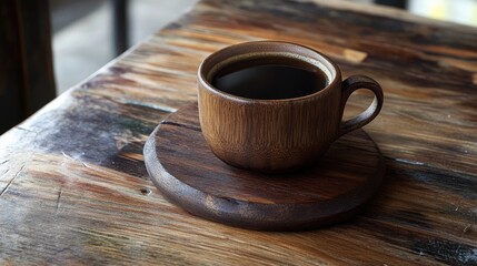 Poster - Wooden coffee cup on a round wooden coaster placed on a rustic wooden table with soft natural lighting Copy Space