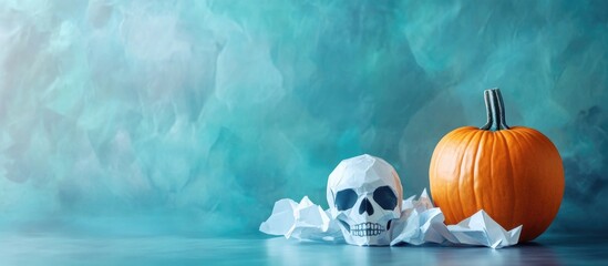 Poster - Halloween themed still life composition featuring a decorative orange pumpkin and a white skull on textured teal background with copy space.