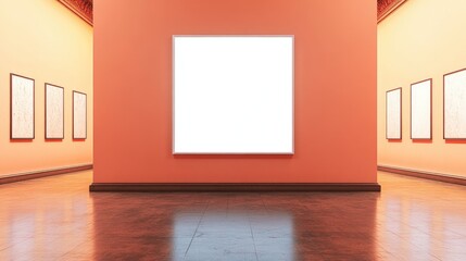 Poster - Empty gallery room with orange walls and a large blank white canvas in the center, showcasing modern minimalist art display with Copy Space.