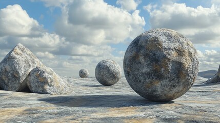 Poster - 3d rendering of abstract stone spheres on a textured landscape with clouds in the background and cop