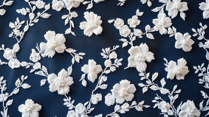 Poster - White floral relief patterns on dark blue background with intricate details and textures. Copy Space available for text insertion.