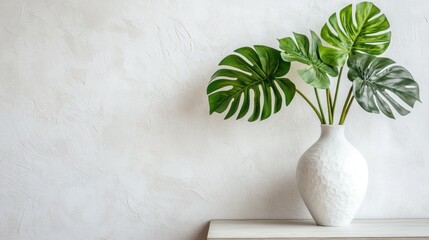 Poster - White ceramic vase with large Monstera leaves on a wooden surface against a textured light wall with Copy Space