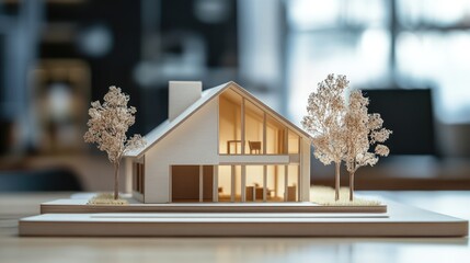 Poster - Architectural model of a modern house with trees and illuminated interior, placed on a wooden base, Copy Space available.