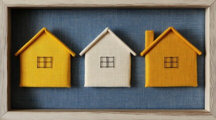 Poster - Fabric houses arranged in a wooden frame with a blue background featuring yellow and white textile designs and stitched window details Copy Space