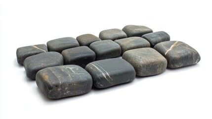 Poster - Collection of smooth gray and black pebbles on white background with Copy Space for text placement