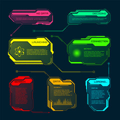 Poster - Futuristic HUD or UI elements. Sci-fi user interface text boxes, callouts. Colorful warning message frame, information boxes template. Modern game interface layout, digital style. Vector illustration