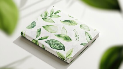 Poster - Botanical themed notebook with leaf pattern on cover placed on a light background with copy space for text or design elements