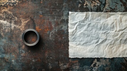 Poster - Rustic background with a textured surface featuring a black circular metal ring and a wrinkled piece of white paper with Copy Space.