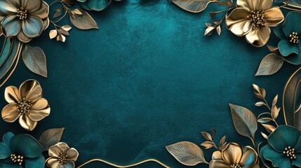 Poster - Elegant floral frame design with golden flowers and leaves on teal textured background featuring ample copy space for text placement.