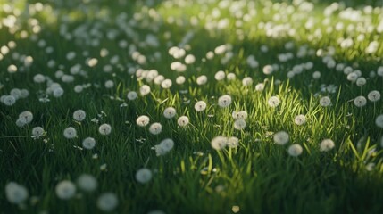 Poster - Dandelion seeds and grass in a natural outdoor setting with soft sunlight and Copy Space for text placement