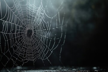 a close-up of a spider web with tiny water droplets glistening on its intricate surface