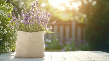 Poster - Lavender bouquet in burlap sack on wooden table with blurred garden background and sunlight Copy Space