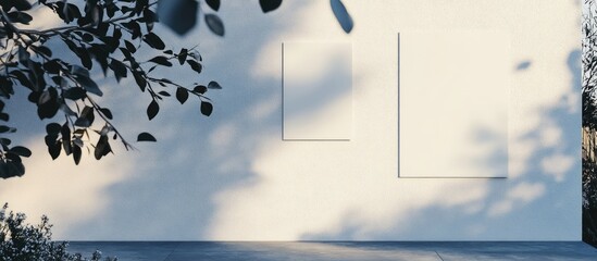 Poster - Minimalist white wall with two empty rectangular frames, surrounded by green foliage and soft shadows, featuring ample copy space.