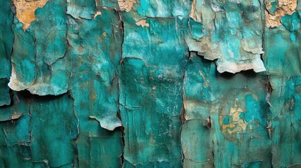 Poster - Worn turquoise paint peeling off an old surface creating a textured abstract background with Copy Space.