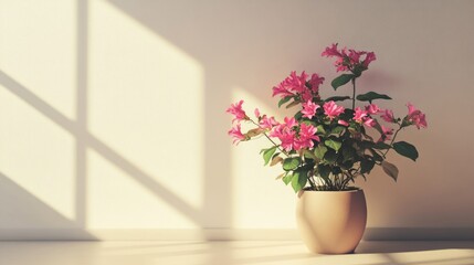Poster - Potted pink flowers in beige pot with sunlight casting shadows on wall indoor setting Copy Space