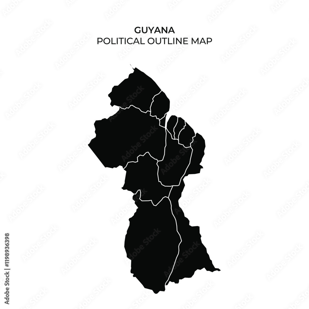 Political outline map of Guyana showing regional divisions clearly
