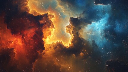 Poster - Colorful cosmic nebula with swirling clouds of orange and blue against a starry background with Copy Space for text insertion.