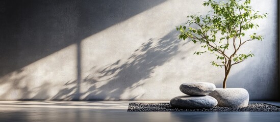 Poster - Indoor minimalistic scene featuring a small tree beside stacked stones on a textured surface with soft lighting and shadows Copy Space