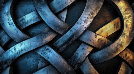 Poster - Intricate metallic texture with intertwined ribbons in blue and gold tones suitable for backgrounds or artistic designs Copy Space