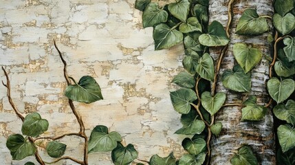 Poster - Ivy leaves climbing on textured wall with peeling paint and tree bark detailed view with copy space for text placement
