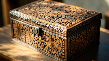 Poster - Intricately Carved Wooden Box with Floral Design on a Table Natural Light and Copy Space