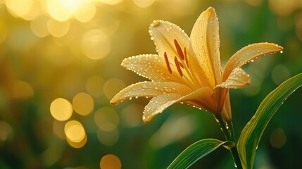 Poster - Golden lily flower with dew drops and blurred bokeh background during sunrise Copy Space