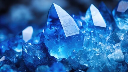 Poster - Blue crystalline mineral formations with sharp edges and various shades of blue reflecting light detail on dark background. Copy Space.