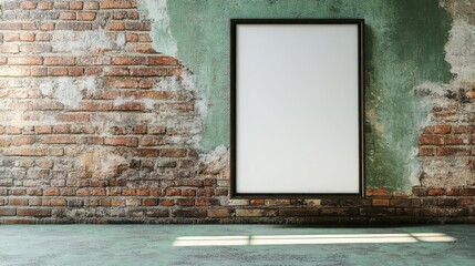 Poster - Empty wooden frame on a weathered brick wall with peeling paint and concrete floor showcasing copy space for artwork or text.