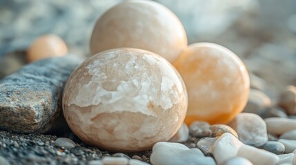 Poster - Smooth decorative stones in various sizes resting on a pebbled surface with natural light Copy Space available