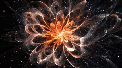 Poster - Abstract fractal flower design with swirling shapes and glowing orange accents on a black background featuring Copy Space