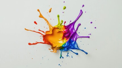 Poster - Colorful paint splash on white background with vibrant hues including orange yellow green blue and purple Copy Space