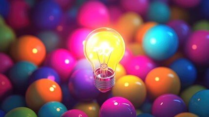 Poster - Colorful light bulb glowing above vibrant glossy balls on dark background Copy Space