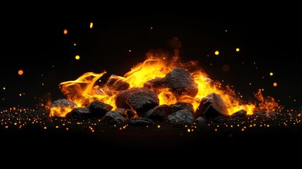 Poster - Burning flames with glowing embers and textured rocks on a dark background ideal for visual effects and design elements Copy Space