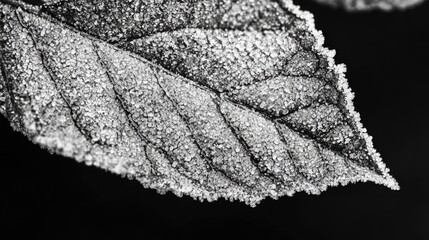 Poster - Frosted leaf close-up detail with intricate texture and patterns on black background featuring visible frost crystals and copy space