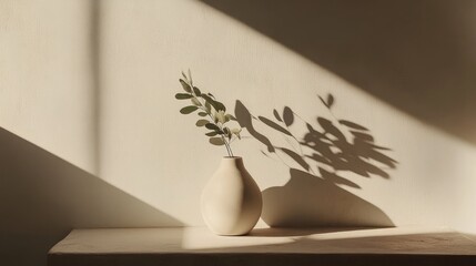 Poster - Minimalist vase with leaves casting shadows on a textured wall in soft natural light Copy Space