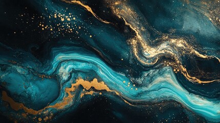 Poster - Abstract swirling liquid texture in shades of blue and gold with glittering accents and copy space for text insertion