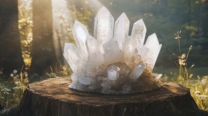 Wall Mural - cluster of clear quartz crystals on tree stump in sunlit forest setting with copy space